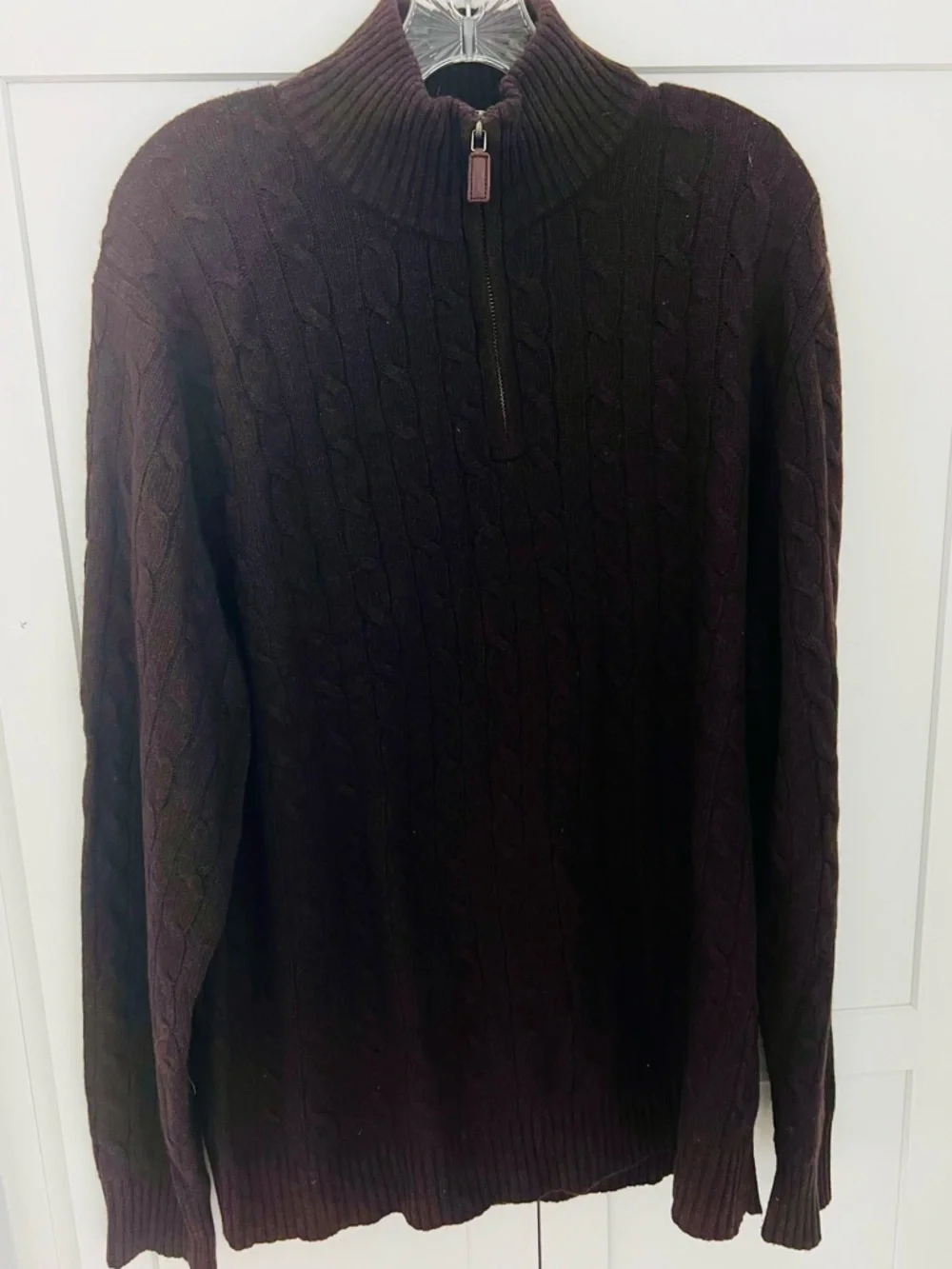 J. Crew Cable-Knit Quarter Zip Lamb’s Wool Sweater in Dark Brown Men’s Large